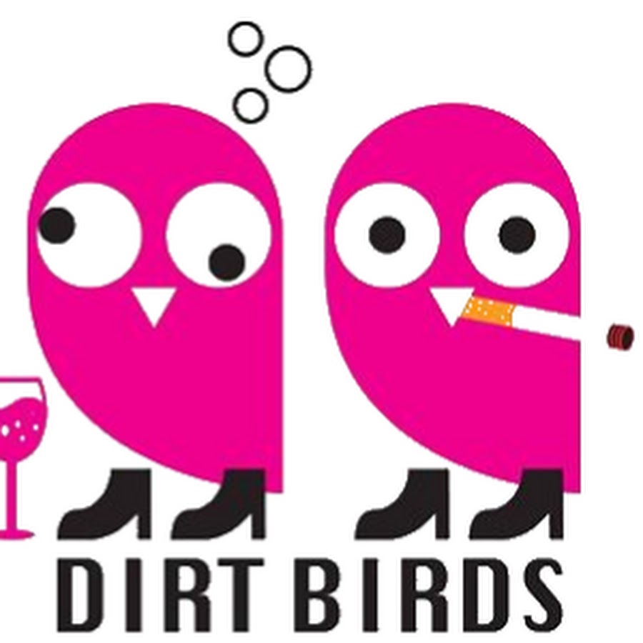 DirtBirds logo: two pink birds in black boots, one with a glass of wine